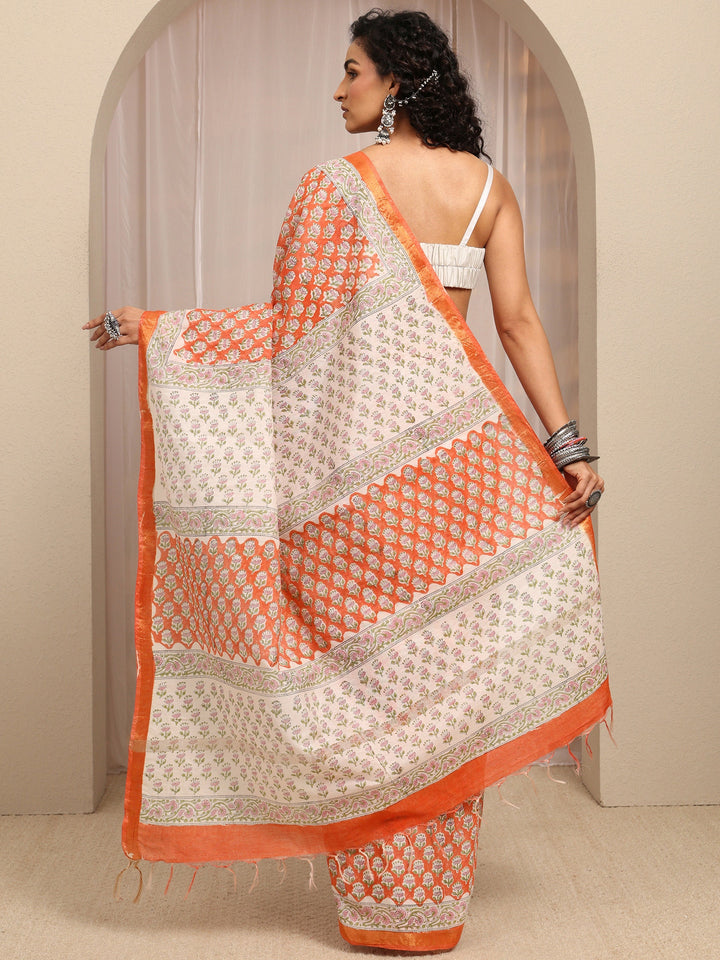 Orange Floral Printed Cotton Blend Saree With Unstitched Blouse Piece