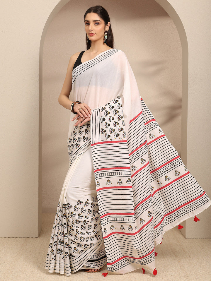 White Ethnic Motifs Printed Cotton Blend Saree With Unstitched Blouse Piece