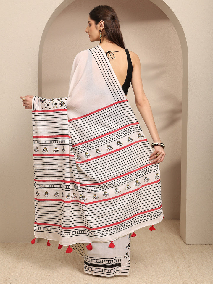 White Ethnic Motifs Printed Cotton Blend Saree With Unstitched Blouse Piece