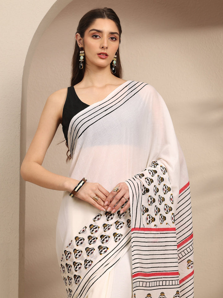 White Ethnic Motifs Printed Cotton Blend Saree With Unstitched Blouse Piece