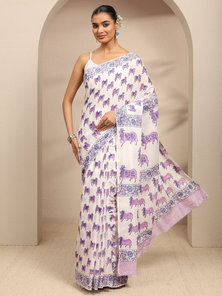 White Ethnic Motifs Printed Cotton Blend Saree With Unstitched Blouse Piece