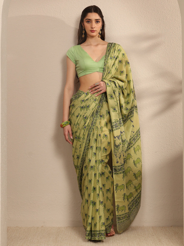 Green Ethnic Motifs Printed Cotton Blend Saree With Unstitched Blouse Piece