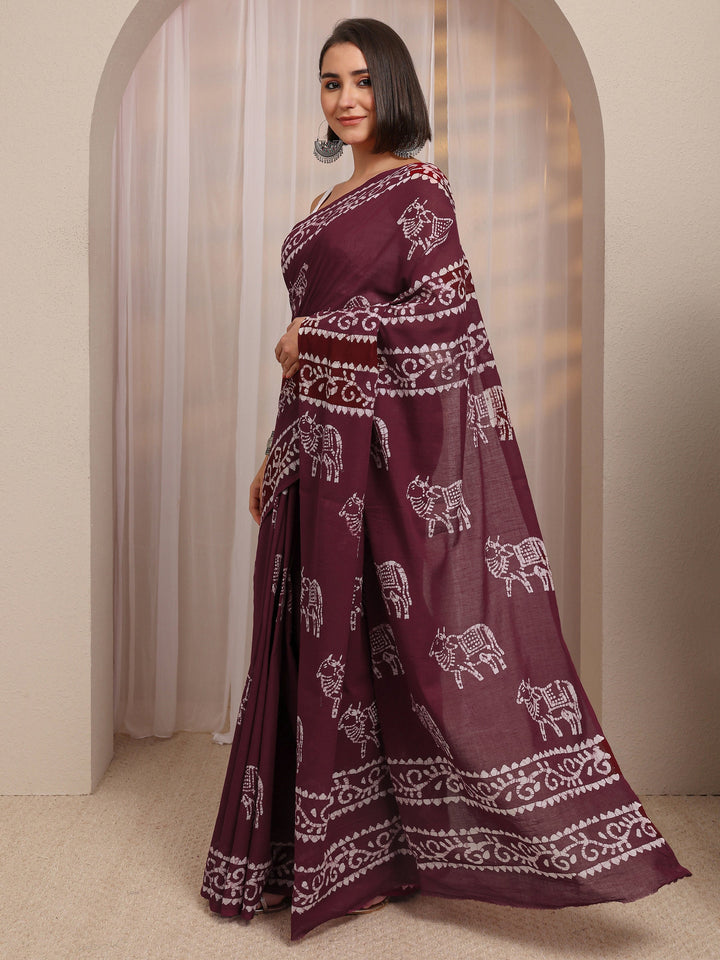 Maroon Printed Cotton Saree 
With Unstitched Blouse Piece