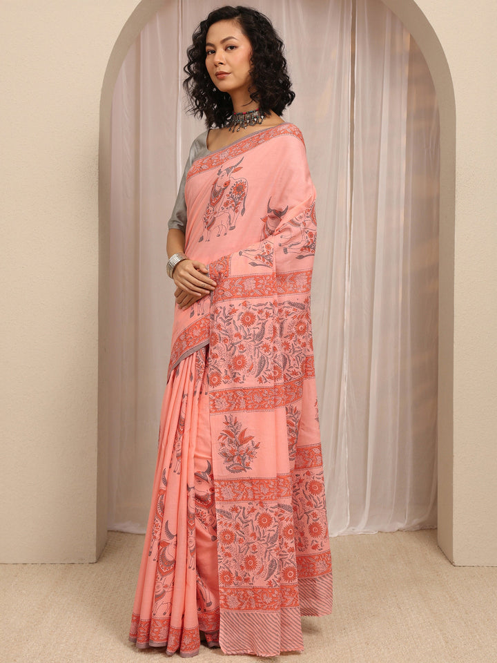 Peach Printed Cotton Blend Saree With Unstitched Blouse Piece