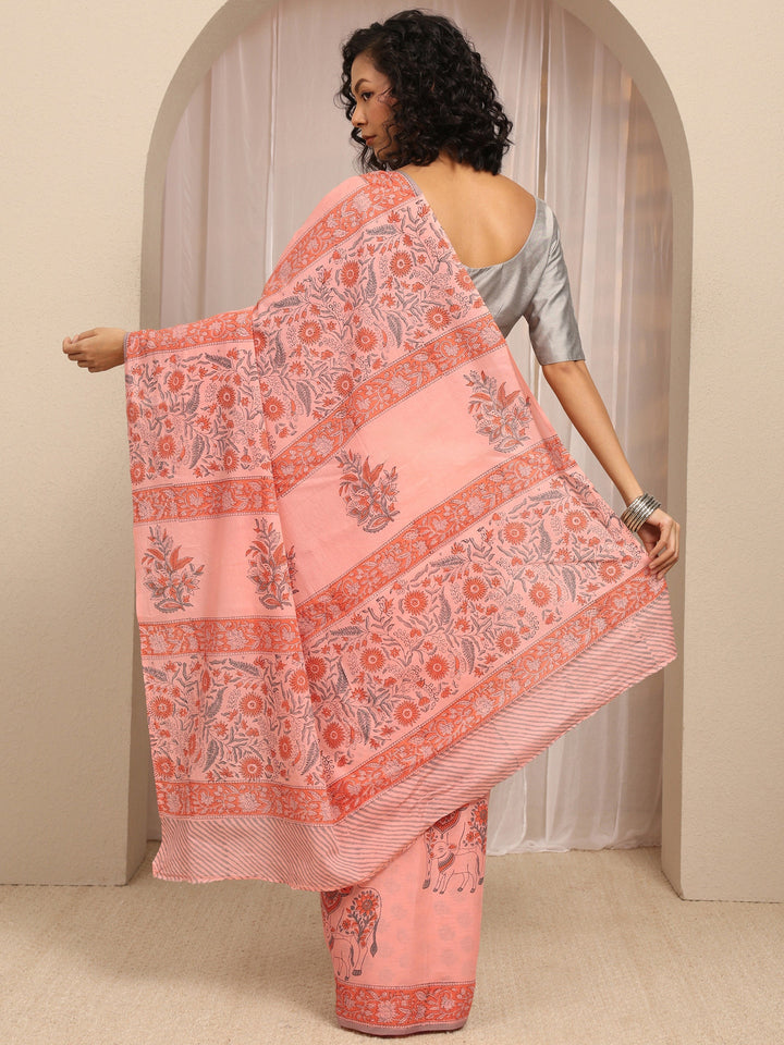 Peach Printed Cotton Blend Saree With Unstitched Blouse Piece