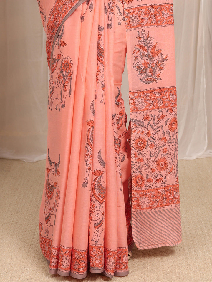 Peach Printed Cotton Blend Saree With Unstitched Blouse Piece
