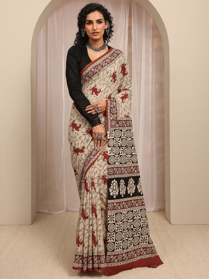Beige Printed Cotton Blend Saree With Unstitched Blouse Piece