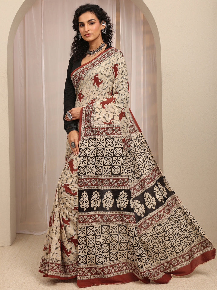 Beige Printed Cotton Blend Saree With Unstitched Blouse Piece
