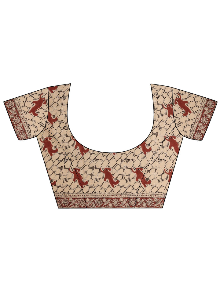 Beige Printed Cotton Blend Saree With Unstitched Blouse Piece