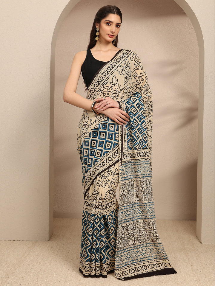 Beige Floral Printed Cotton Blend Saree With Unstitched Blouse Piece