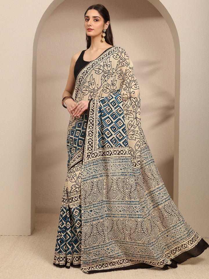 Beige Floral Printed Cotton Blend Saree With Unstitched Blouse Piece