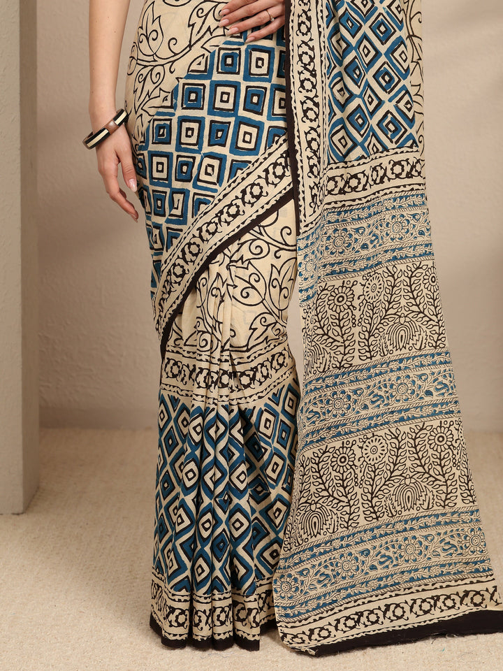 Beige Floral Printed Cotton Blend Saree With Unstitched Blouse Piece