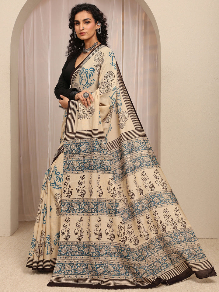 Beige Floral Printed Cotton Blend Saree With Unstitched Blouse Piece