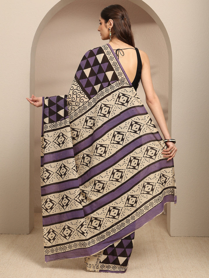 Beige Ethnic Motifs Printed Cotton Blend Saree With Unstitched Blouse Piece