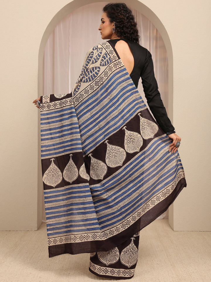 Beige Paisley Printed Cotton Blend Saree With Unstitched Blouse Piece