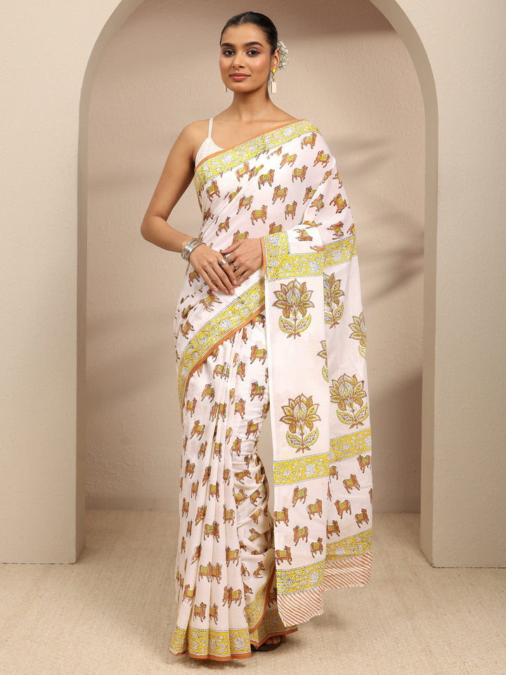 White Ethnic Motifs Printed Cotton Blend Saree With Unstitched Blouse Piece