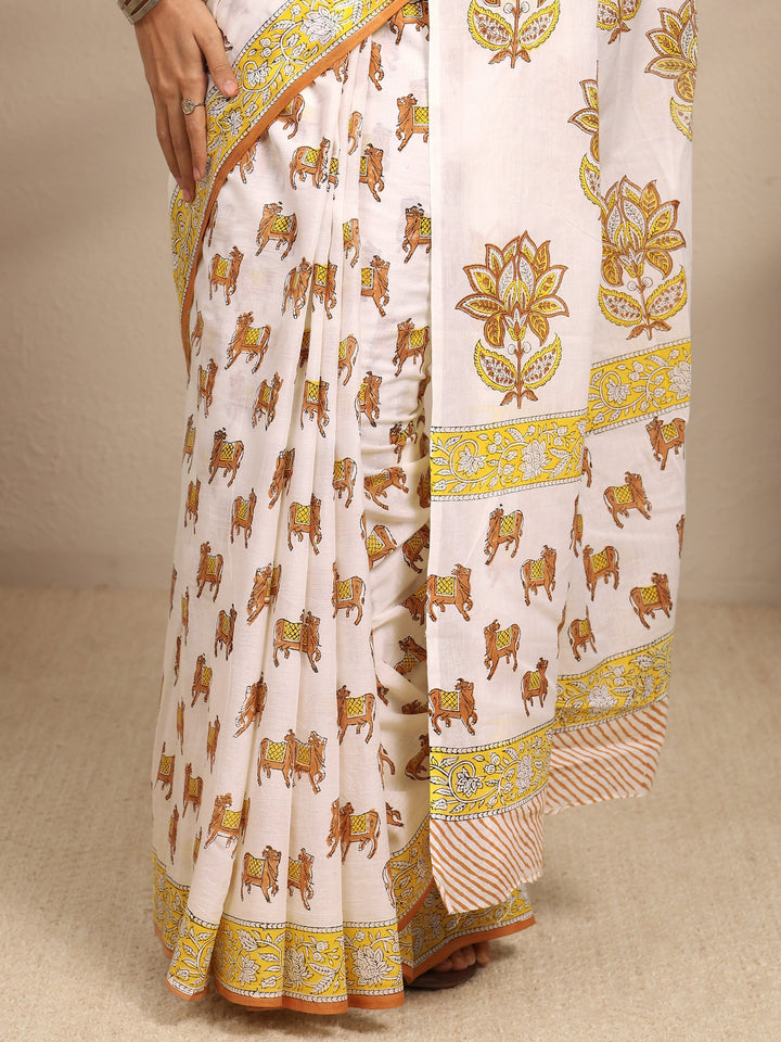 White Ethnic Motifs Printed Cotton Blend Saree With Unstitched Blouse Piece