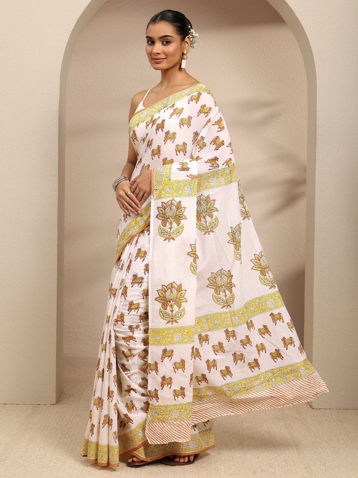 White Ethnic Motifs Printed Cotton Blend Saree With Unstitched Blouse Piece