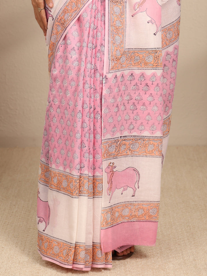 Pink Ethnic Motifs Printed Cotton Blend Saree With Unstitched Blouse Piece