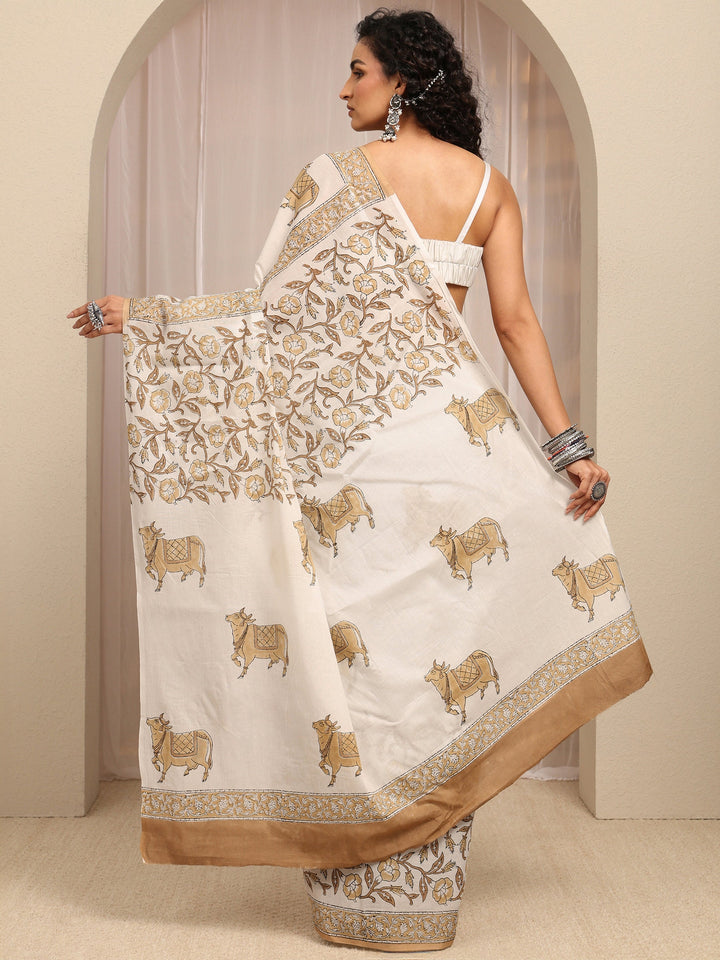 White Printed Cotton Blend Saree With Unstitched Blouse Piece