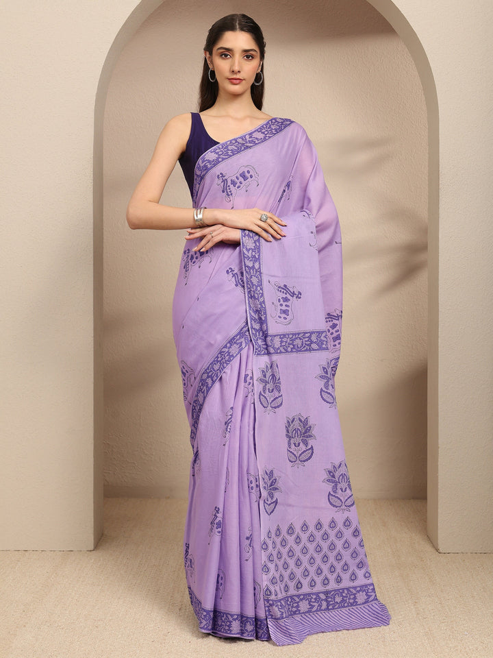 Purple Ethnic Motifs Printed Cotton Blend Saree With Unstitched Blouse Piece