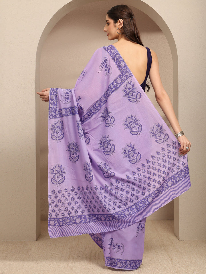 Purple Ethnic Motifs Printed Cotton Blend Saree With Unstitched Blouse Piece