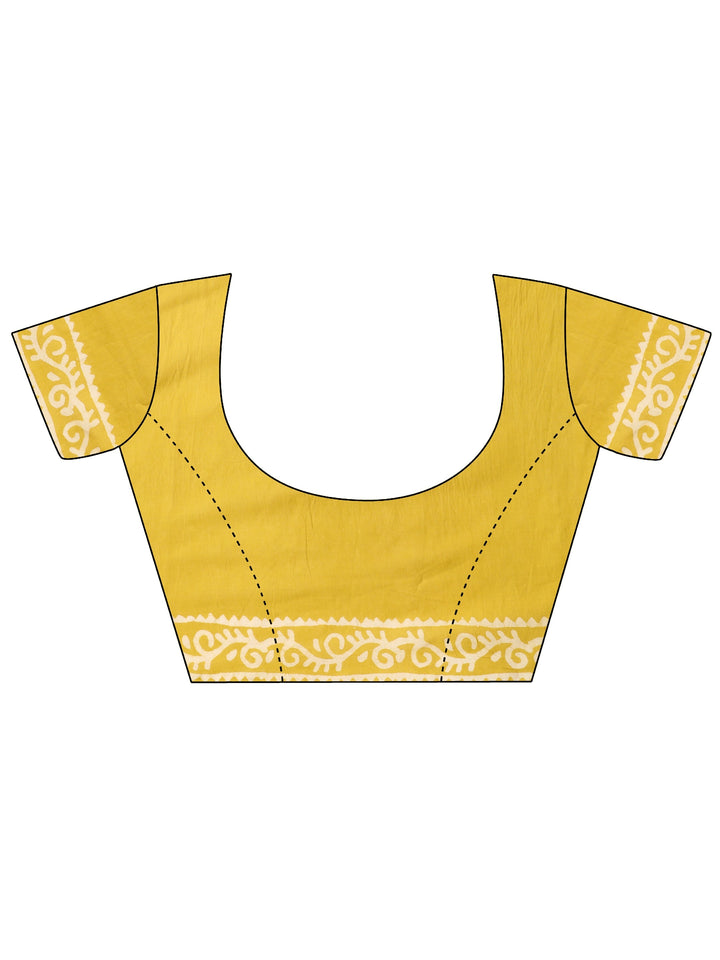 Mustard Printed Cotton Blend Saree With Unstitched Blouse Piece