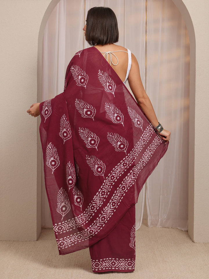 Maroon Printed Cotton Saree 
With Unstitched Blouse Piece