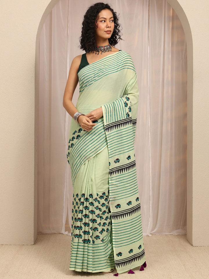 Green Tribal Printed Cotton Blend Saree With Unstitched Blouse Piece
