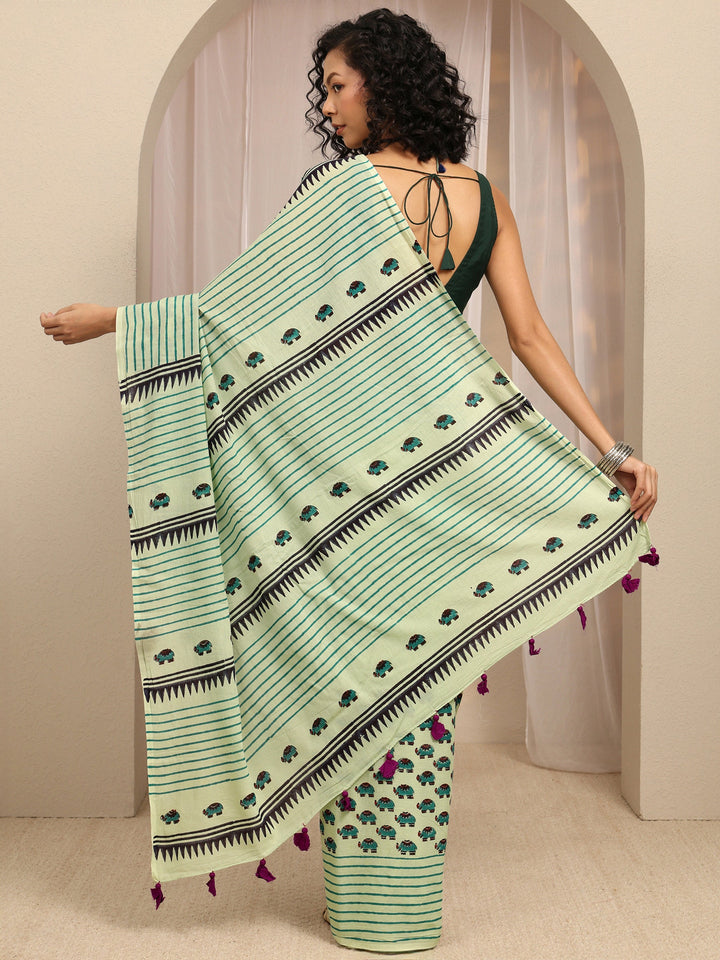 Green Tribal Printed Cotton Blend Saree With Unstitched Blouse Piece
