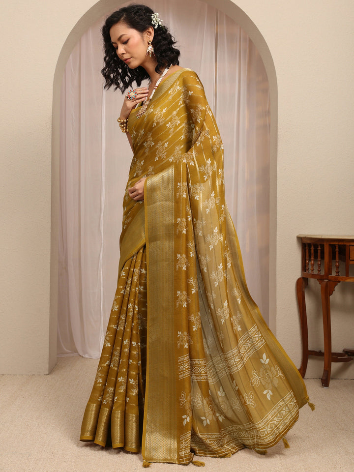 Mustard Floral Printed Silk Blend Saree With Unstitched Blouse Piece