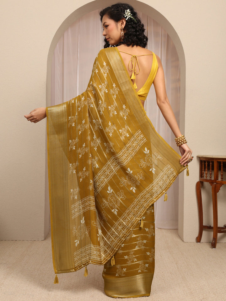 Mustard Floral Printed Silk Blend Saree With Unstitched Blouse Piece