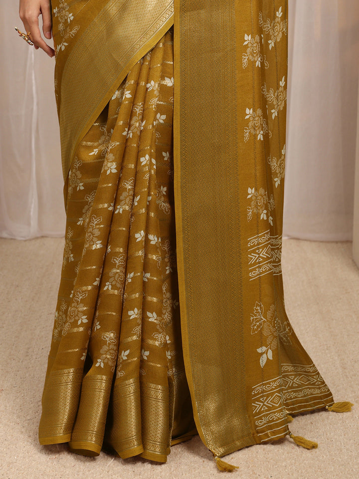 Mustard Floral Printed Silk Blend Saree With Unstitched Blouse Piece
