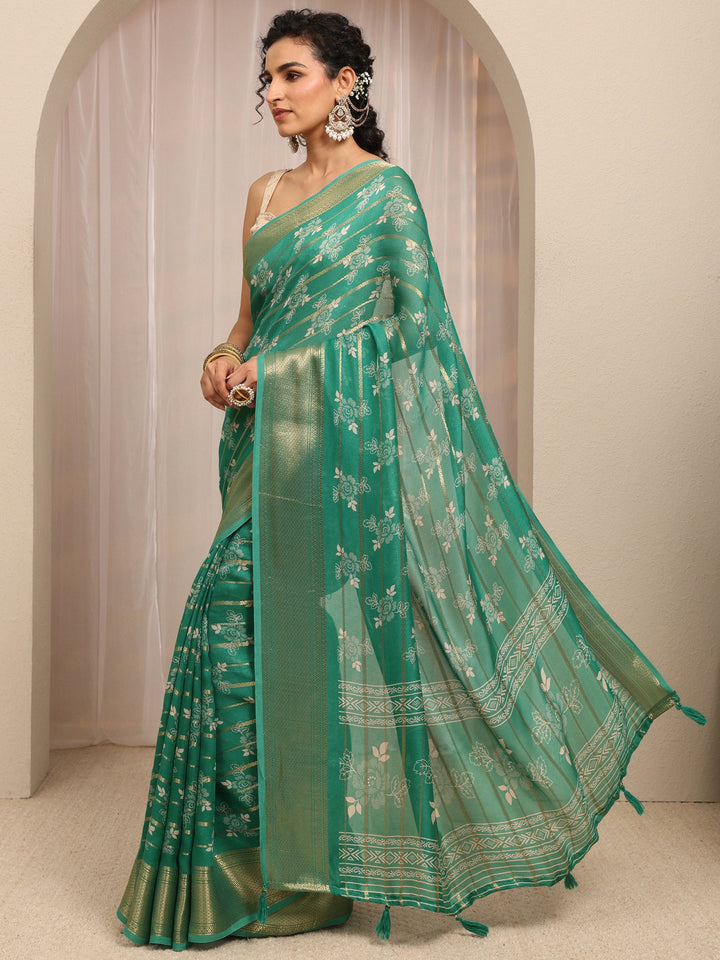 Green Floral Printed Silk Blend Saree With Unstitched Blouse Piece