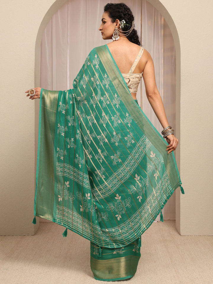 Green Floral Printed Silk Blend Saree With Unstitched Blouse Piece