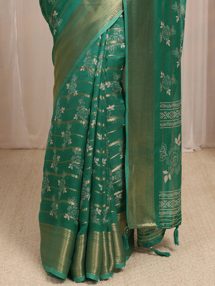 Green Floral Printed Silk Blend Saree With Unstitched Blouse Piece