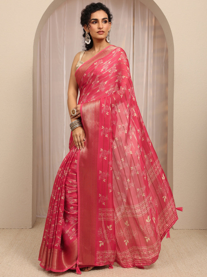 Coral Floral Printed Silk Blend Saree With Unstitched Blouse Piece