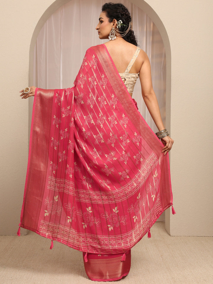 Coral Floral Printed Silk Blend Saree With Unstitched Blouse Piece
