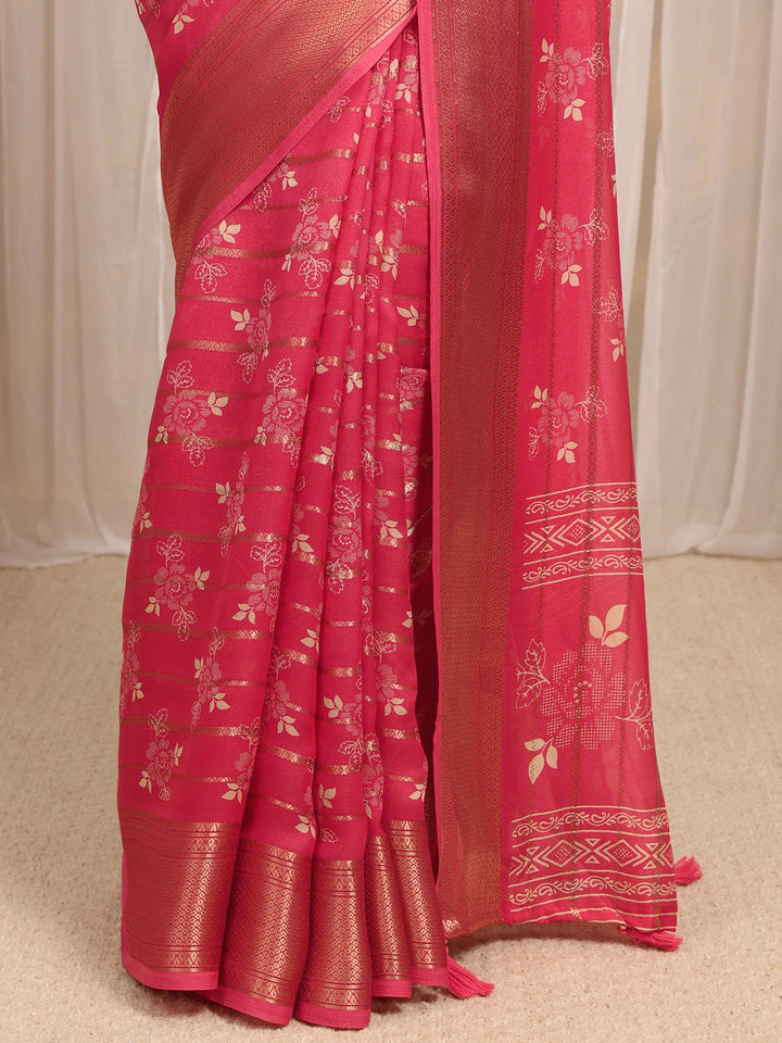 Coral Floral Printed Silk Blend Saree With Unstitched Blouse Piece