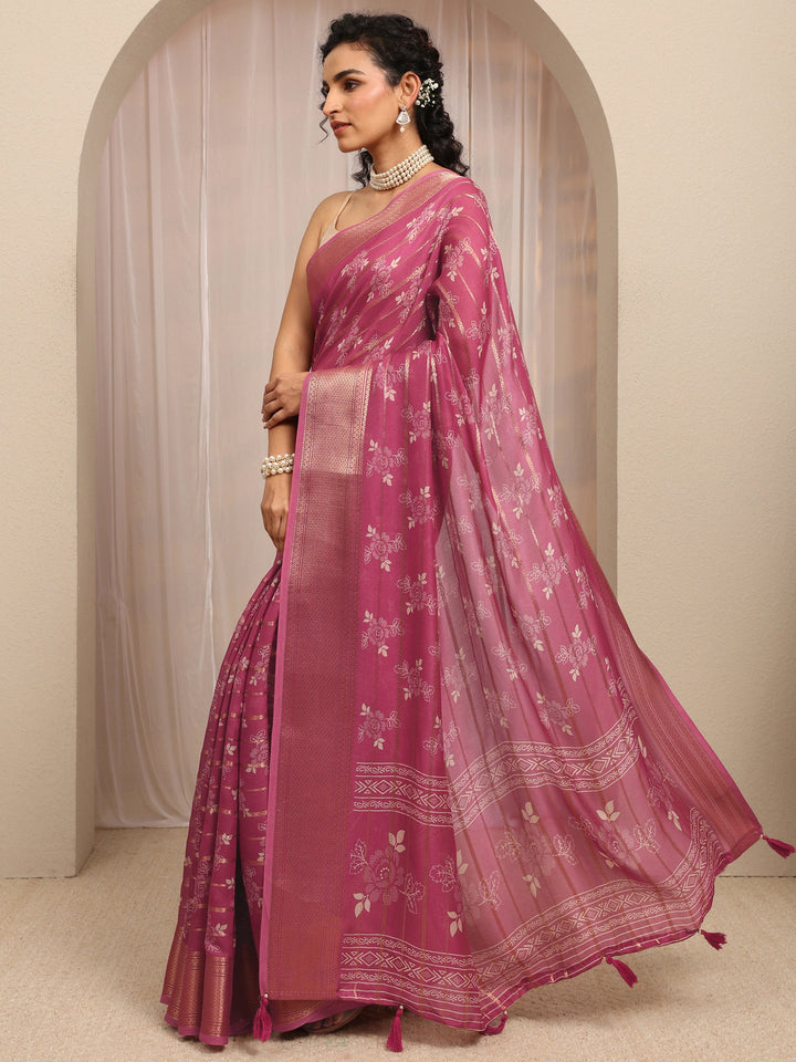 Mauve Floral Printed Silk Blend Saree With Unstitched Blouse Piece