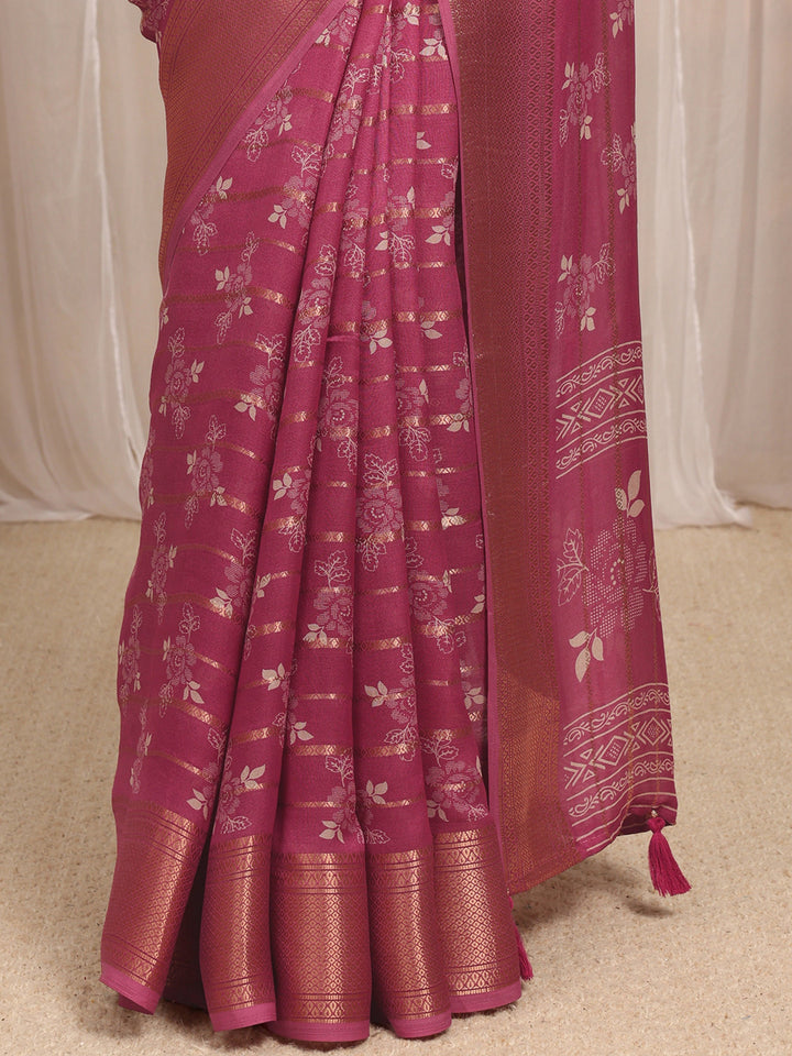 Mauve Floral Printed Silk Blend Saree With Unstitched Blouse Piece