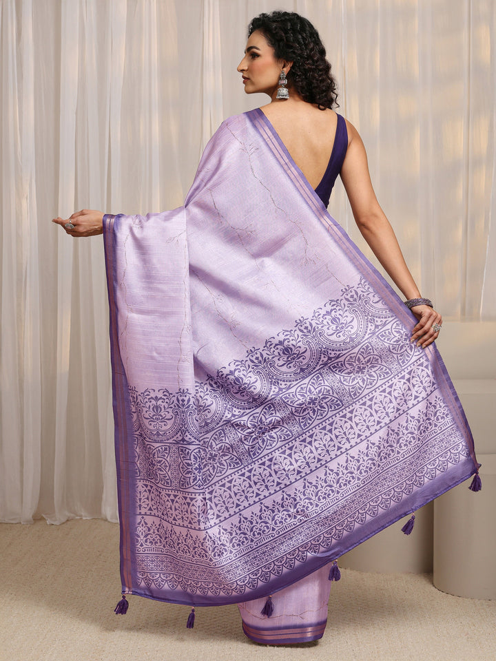 Lavender Ethnic Motif Printed Silk Blend Saree 
With Unstitched Blouse Piece