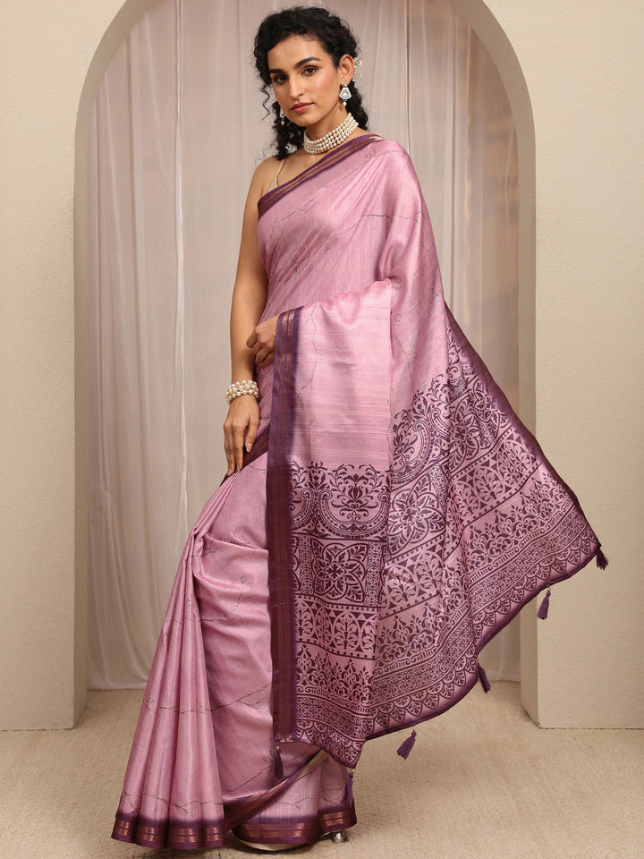 Purple Floral Printed Silk Blend Saree With Unstitched Blouse Piece