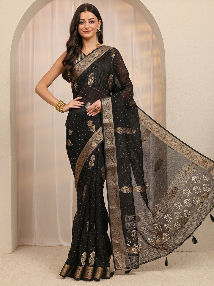Black Floral Embroidered Silk Blend Saree
With Unstitched Blouse Piece