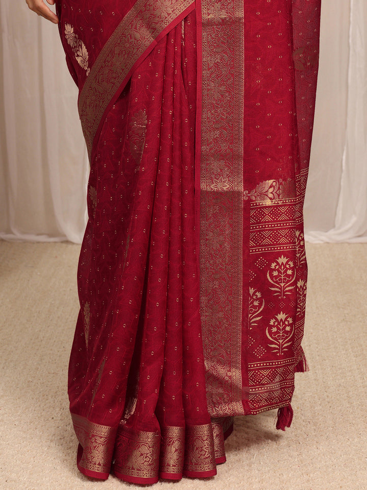Red Floral Woven Design Silk Blend Saree With Unstitched Blouse Piece