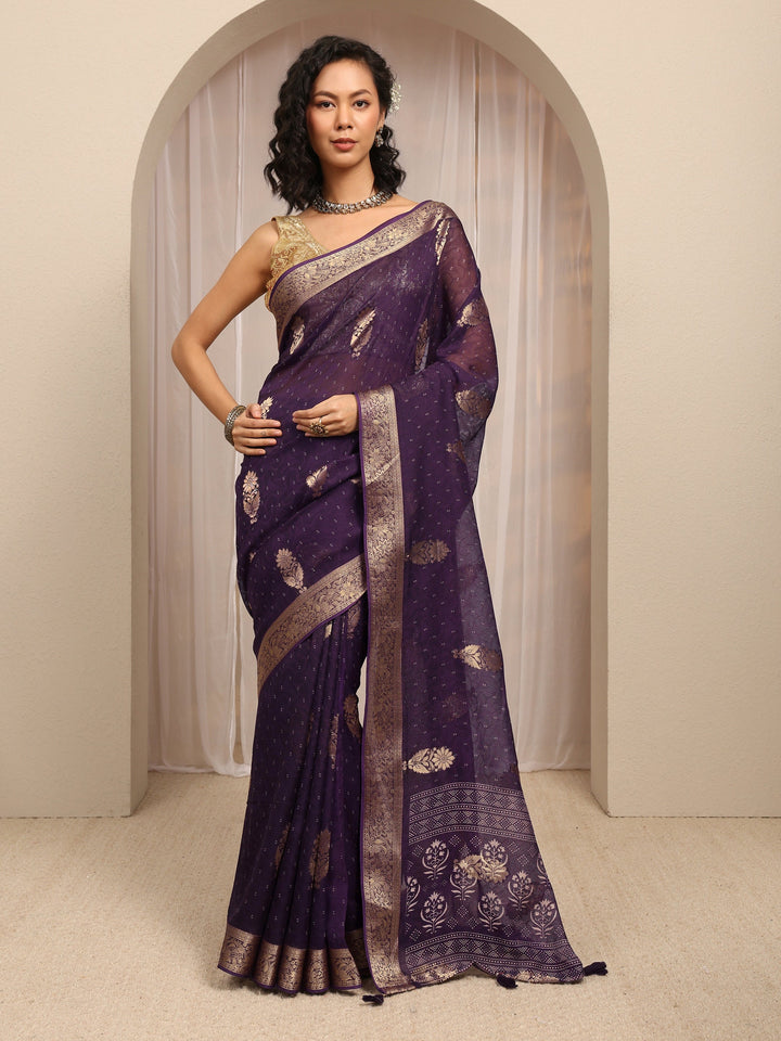 Purple Floral Woven Design Silk Blend Saree With Unstitched Blouse Piece