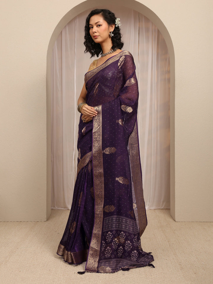 Purple Floral Woven Design Silk Blend Saree With Unstitched Blouse Piece