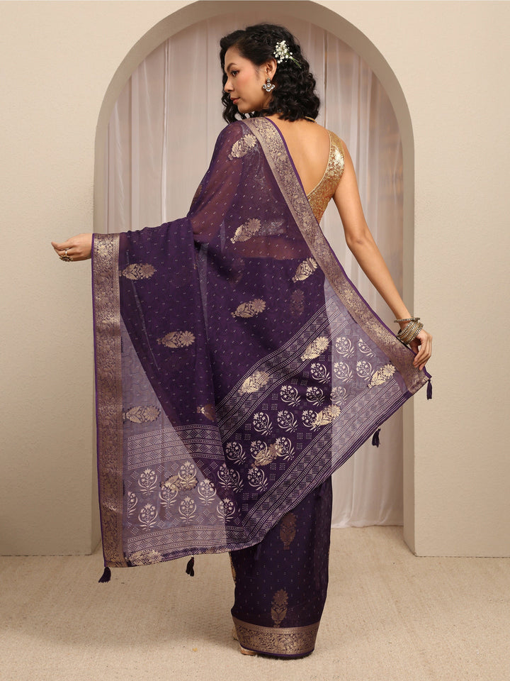 Purple Floral Woven Design Silk Blend Saree With Unstitched Blouse Piece