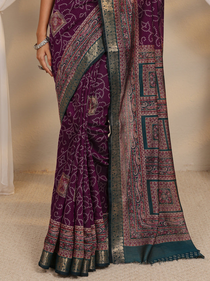 Purple Bandhani Printed Silk Blend Saree With Unstitched Blouse Piece