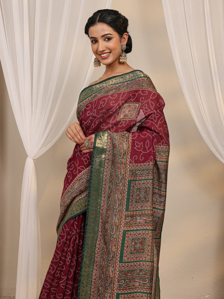 Pink Bandhani Printed Silk Blend Saree With Unstitched Blouse Piece